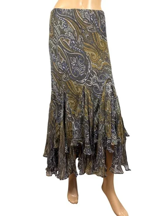 Vintage Y2K ECI New York Silk Paisley Asymmetrical Handkerchief Ruffle Skirt Sma - Picture 1 of 9